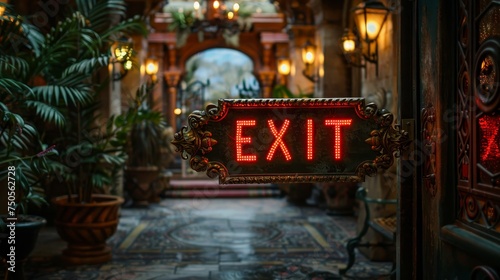 A stylishly ornate exit sign casts a warm red glow in a lush, plant-filled indoor environment, exuding an atmosphere of sophisticated charm.