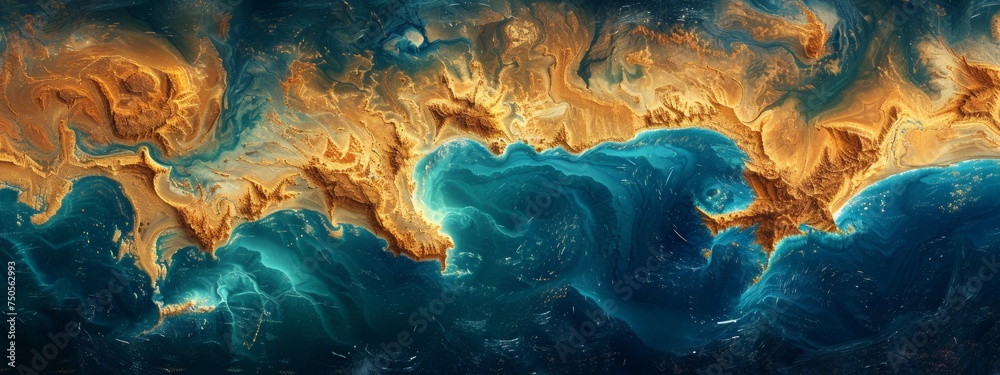 a green desert and blue sea from space, in the style of minimalist abstracts, photorealistic detail, aquamarine and amber, birds-eye-view, close up, depth-defying murals, national geographic photo - obrazy, fototapety, plakaty 
