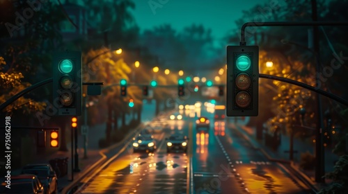 Multiple green traffic lights line a slick, rain-soaked road, guiding drivers through the warm, glowing ambience of a tree-lined avenue at dusk.