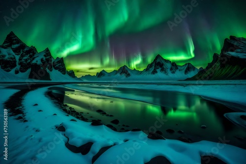 Amazing view of green aurora borealis shining in night sky over snowy mountain ridge with black sand stockness beach and vestrahorn mountain.