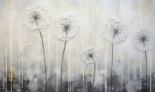 Oil Drawing Dandelion  Black and White Textured Dandelions Picture  Stylish Painting on Canvas