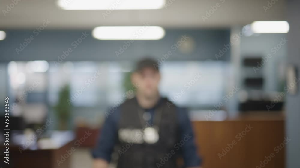 Caucasian police detective in modern garb stepping into focus Caucasian police detective in modern garb stepping into focus