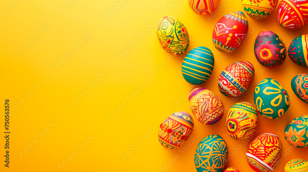 A row of colorful pastel Easter eggs, each uniquely painted with different texture on a yellow background