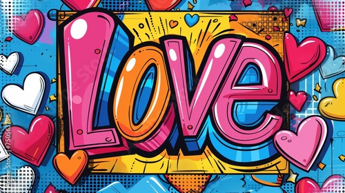 A Vibrant background with the word " Love " on Abstract Graffiti pop style Typography commercial Background