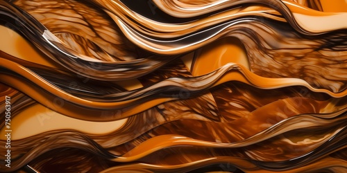 Cascading ribbons of honeyed amber and deep walnut create a stunning contrast  capturing the essence of molten copper and molasses hues in a dynamic  abstract composition.