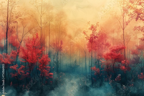 Mystic Autumn Forest in Mist with Red Foliage 