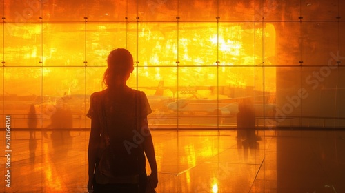 Silhouette of a woman standing in front of a large glass window at an airport, looking out at the runway