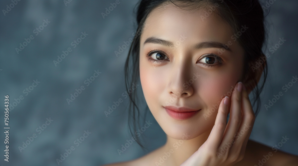 Portrait of Chinese woman, close up shot of velvety, soft and smooth facial skin Portrait of Chinese woman, close up shot of velvety, soft and smooth facial skin