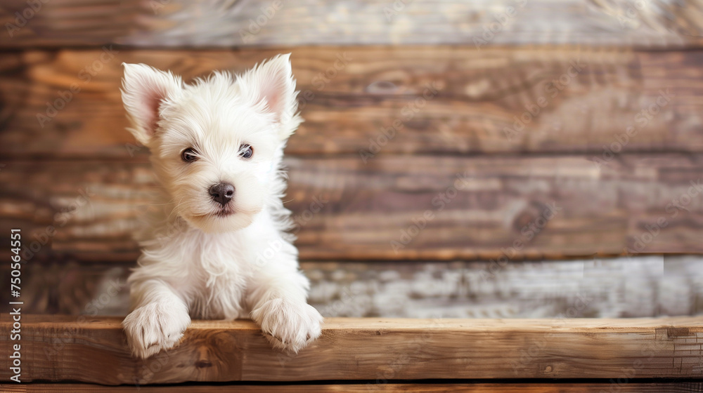 Portrait of a playful white puppy with fluffy fur. Small white fluffy puppy with bright eyes. - obrazy, fototapety, plakaty 