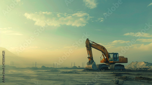 Excavator blue sky heavy machine construction site.