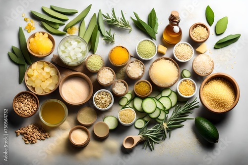 Homemade skin care with natural ingredients aloe vera  lemon  cucumber  himalayan salt  peppermint  rosemary  almonds  cucumber  ginger and honey pollen isolated on white background.