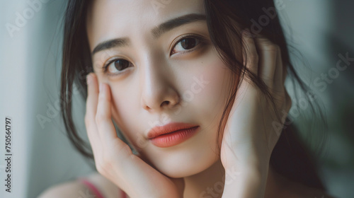 Portrait of Taiwanese woman, close up shot of velvety, soft and smooth facial skin