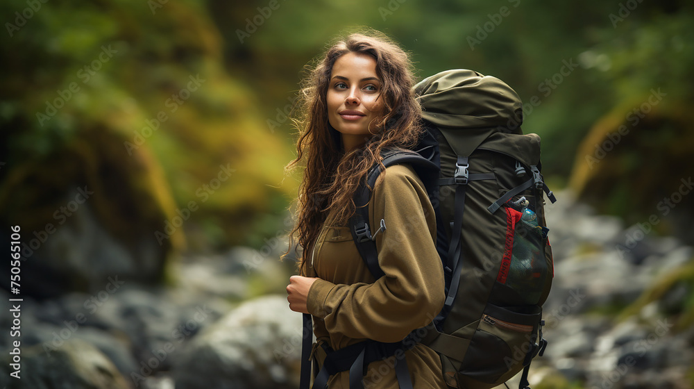 Young woman wearing brown jacket and backpack going camping in nature