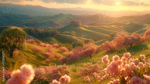 hills rolling under the gentle spring sunshine, adorned with peach and pear blossoms in full bloom, creating a tapestry of pink and white against the fresh green grass, symbolizing rebirth and peace.