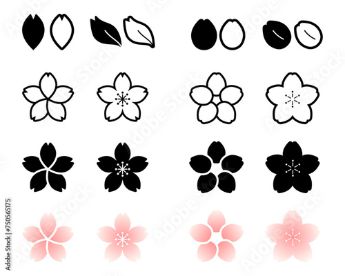 set of cherry blossom flower icons, simple silhouette graphics of Sakura