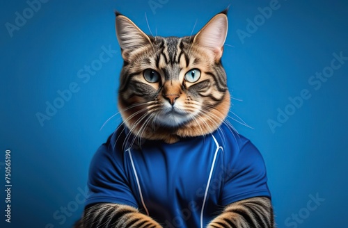Portrait of Strong cat body builder super muscles. bodybuilder cat with arms crossed. image of a pet cats head on a human bodybuilders body on blue background with copy space © Kseniya Ananko