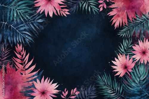abstract watercolor dark blue background with pink tropical elements  design with copy space for cards  invitation or greetings