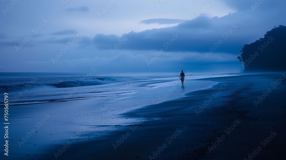 solitary figure standing on serene beach with approaching waves