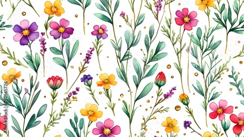 Garden Watercolor Floral Seamles Pattern  Hand painted Watercolor  Wildflowers  Twigs  Leaves  Buds. Design for fashion   fabric  textile  wallpaper  cover  web   wrapping and all prints