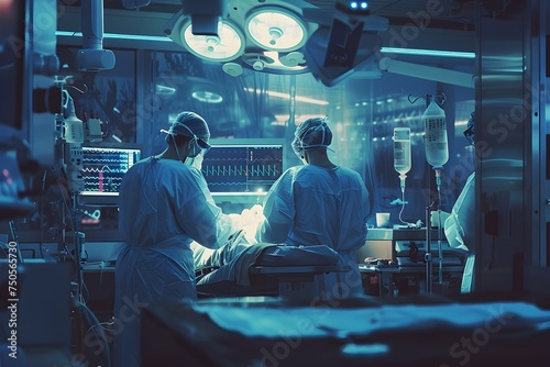 Surgeons Working in an Operating Room with Soft Lighting