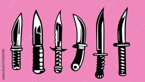 Set of tattoo-style knives on a pink background.