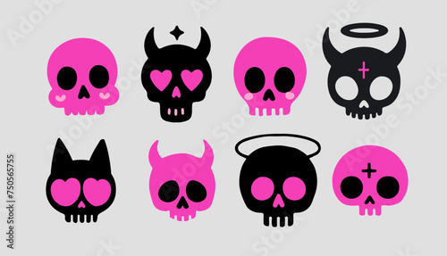 Set of skull illustrations in black and pink for transfer tattoos and stickers.