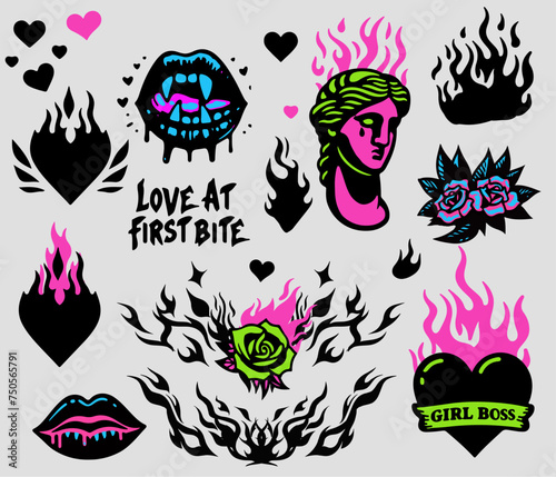 Trendy gothic stickers with fire flames, hearts and other neo tribal tattoo style elements. 
