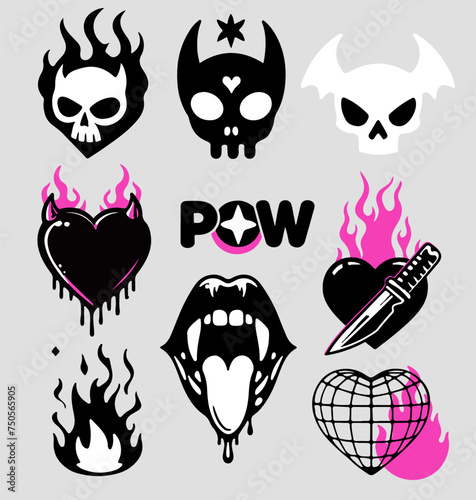 Trendy gothic stickers with skulls, hearts and other girlish tattoo style elements. Set of vector illustrations in black and pink colors.