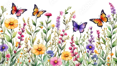 Fototapeta Naklejka Na Ścianę i Meble -  Garden Watercolor Floral Seamles Pattern, Hand painted Watercolor, Wildflowers, Twigs, Leaves, Buds. Design for fashion , fabric, textile, wallpaper, cover, web , wrapping and all prints