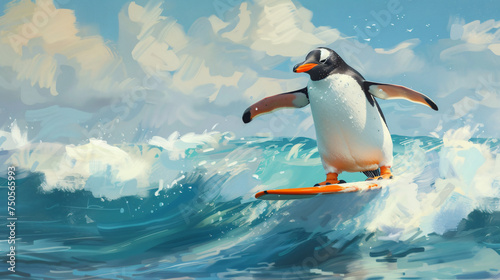 Funny penguin riding on a surfboard on the waves