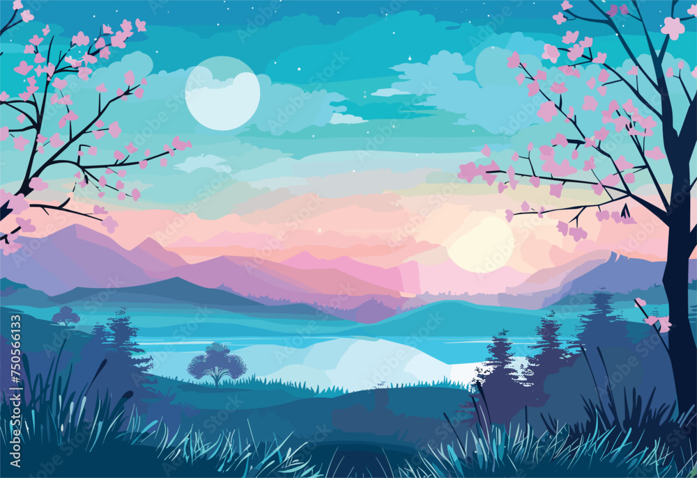 Fototapeta premium A painting of a serene sunset over a lake, with a tree in the foreground. The sky is a calming azure blue, blending with the green foliage