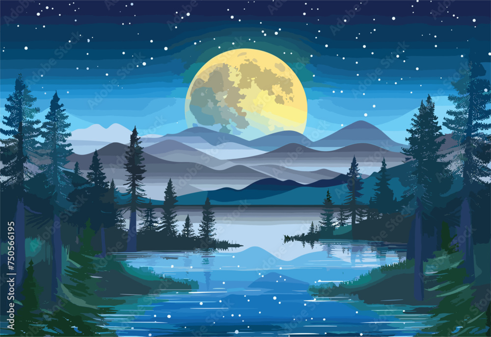 The sky is filled with a full moon casting a glow over the tranquil lake surrounded by majestic mountains, creating a breathtaking natural landscape