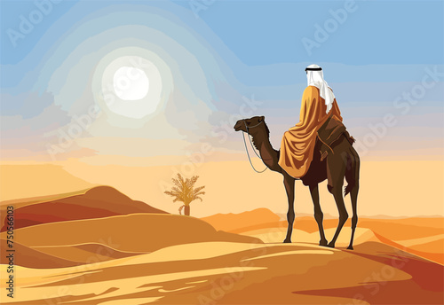 A man is riding an Arabian camel in the desert landscape, showcasing the natural environment of the ecoregion while using the camel as a working animal for travel