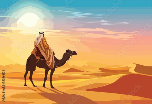 A man is traveling through the Erg landscape on a Bactrian camel  a working animal used in this ecoregion. The sky is full of fluffy clouds