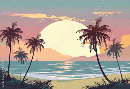 A beautiful natural landscape at the beach with palm trees in the foreground, as the sun sets casting a warm light over the water and sky