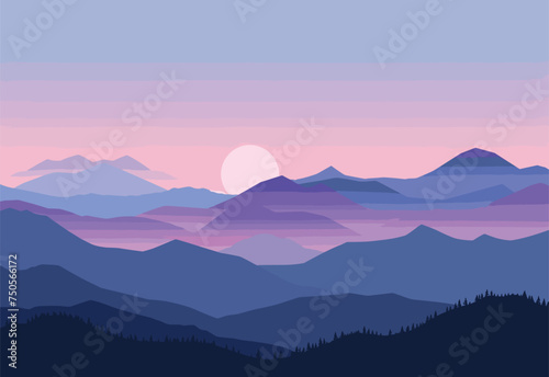 A magenta sunset illuminating the sky over a mountain range, with the sun shining through cumulus clouds, creating a breathtaking natural landscape at dusk