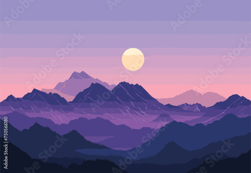 The sky is painted with hues of orange and pink as the full moon rises over the mountain range at sunset, creating a breathtaking natural landscape in the highland ecoregion