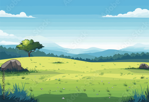 A cartoon illustration of a serene natural landscape featuring a lush green field with mountains in the background, clear blue sky and fluffy white clouds