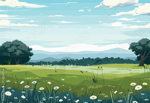 A beautiful painting depicting a field with colorful flowers and trees under a blue sky with fluffy clouds, capturing the essence of a natural landscape in the morning