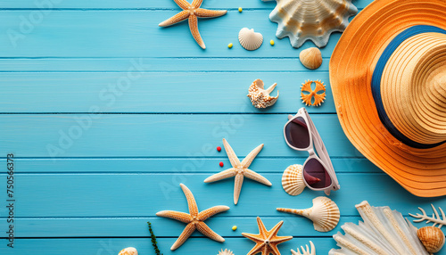 Summer beach background with shells, starfish, and seashells by the ocean