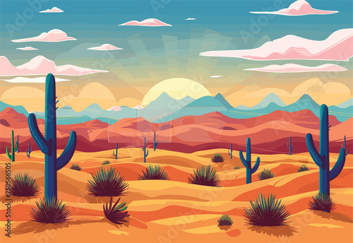 A beautiful painting depicting a desert landscape with cacti, mountains, and a cloudy sky. This natural landscape belongs to the desert ecoregion biome