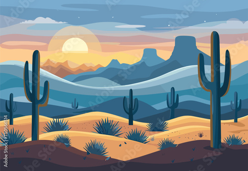 A cartoon illustration of a natural landscape in a desert ecoregion, featuring cactus plants like Saguaros, mountainous landforms, and a colorful dusk sky on the horizon photo