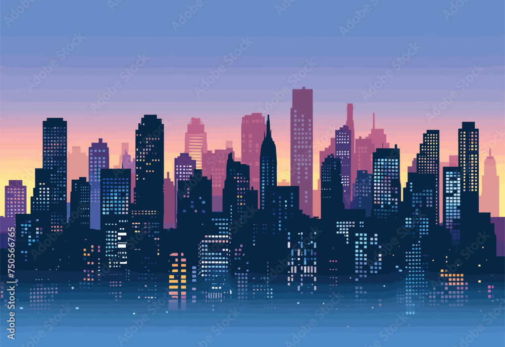 A stunning city skyline at dusk with skyscrapers towering into the sky, reflecting the beautiful sunset off the water, creating a breathtaking atmosphere