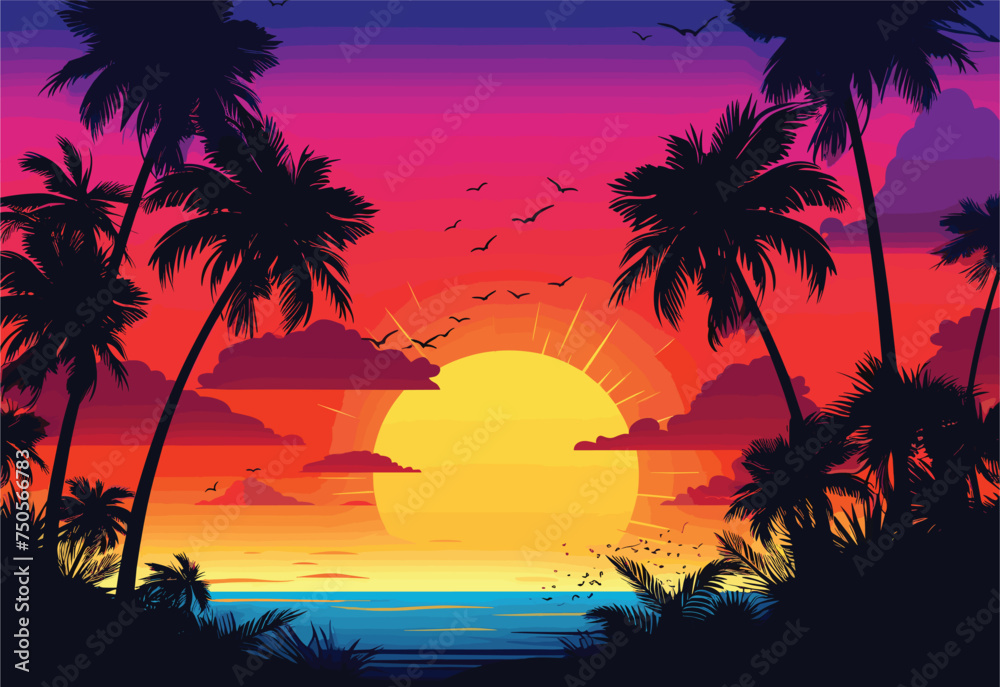 As the daytime transitions to dusk, the azure sky is painted with hues of orange and pink, casting a warm glow over the ocean with palm trees in the foreground
