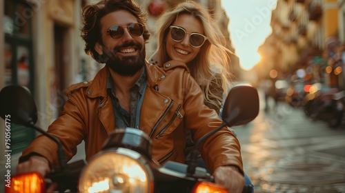 A young couple joyfully exploring the city on a scooter together. Concept Adventure, Love, City Exploration, Fun, Young Couple