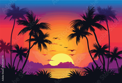 As the daytime fades into dusk, the sky transforms into a vibrant orange hue during the sunset on a tropical beach with palm trees in the foreground