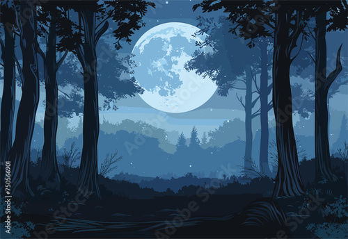 The full moon shines brightly through the trees in the forest, creating a magical atmosphere in the natural landscape at midnight