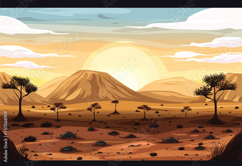 A cartoon illustration of a natural landscape in a desert ecoregion  featuring trees  mountains  and a clear blue sky with fluffy clouds in the background