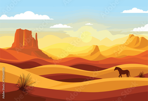 A horse is standing in a vast desert landscape under a clear blue sky with white fluffy clouds, surrounded by towering mountains and sandy plains