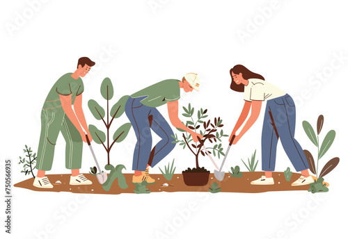 A group of people, inspired by a cartoon painting, are making a gesture of sharing by planting trees in a garden. Their leisure activity combines art and nature
